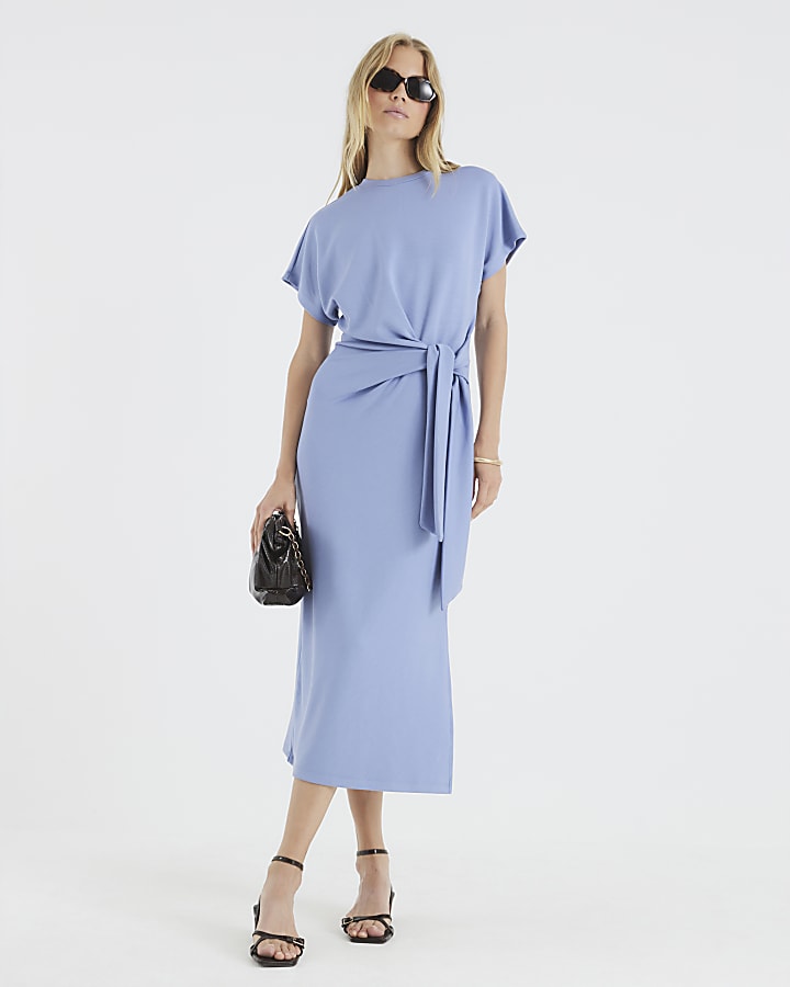 Blue Premium Short Sleeve Knot Midi Dress