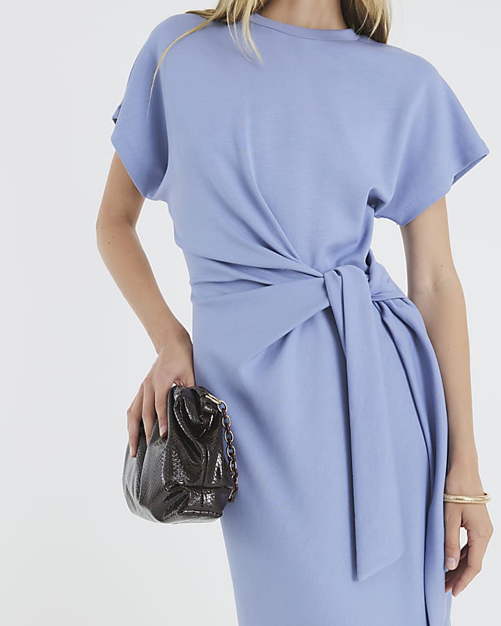 Blue Premium Short Sleeve Knot Midi Dress