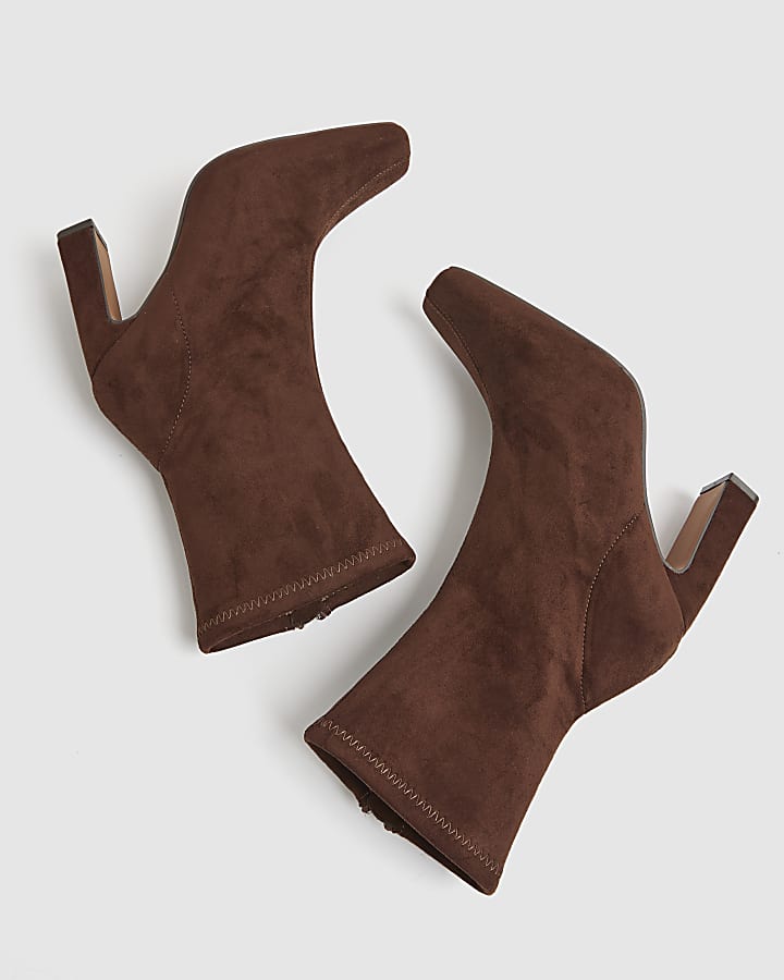 Brown Faux Suede Square Toe Heeled Boots