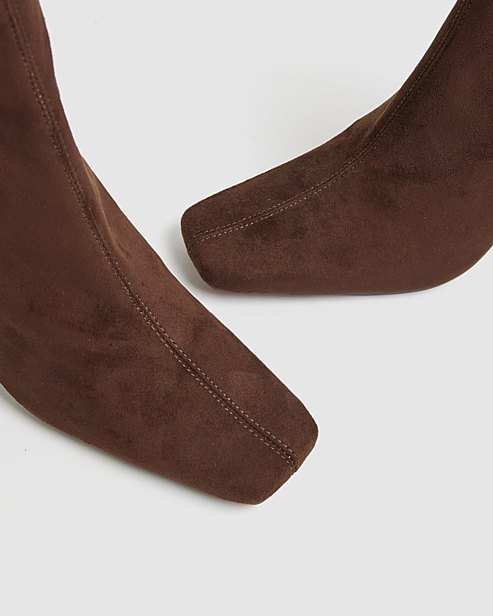 Brown Faux Suede Square Toe Heeled Boots