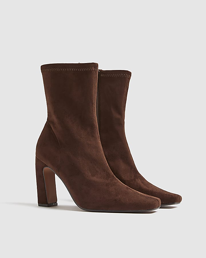 Brown Faux Suede Square Toe Heeled Boots