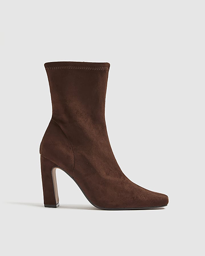 Brown Faux Suede Square Toe Heeled Boots
