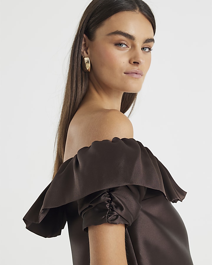 Brown Premium Frill Detail Bardot Top