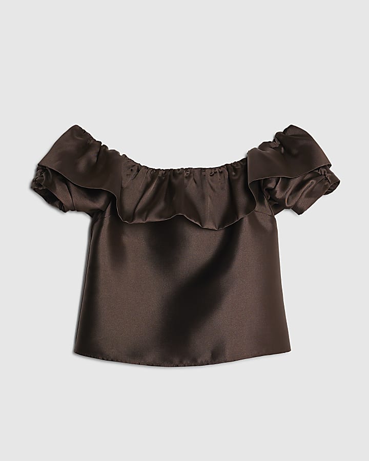 Brown Premium Frill Detail Bardot Top