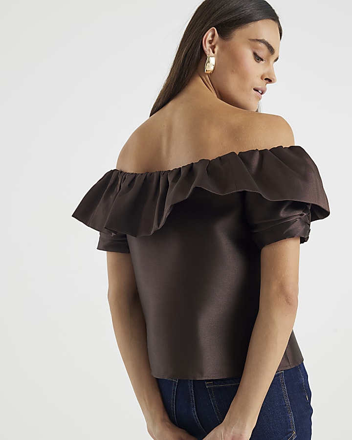 Brown Premium Frill Detail Bardot Top