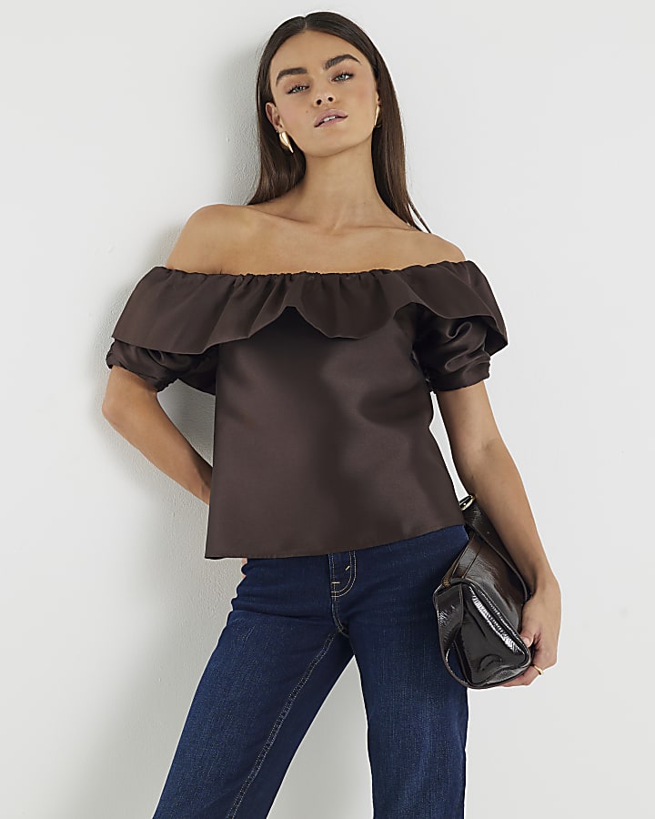 Brown Premium Frill Detail Bardot Top