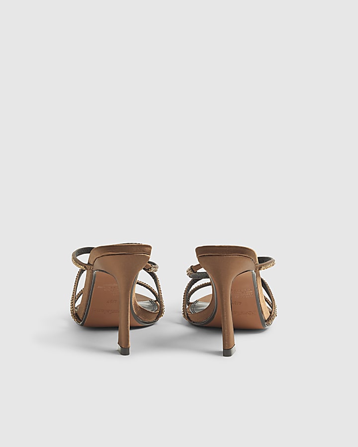 Brown Satin Strappy Heeled Mule Sandals
