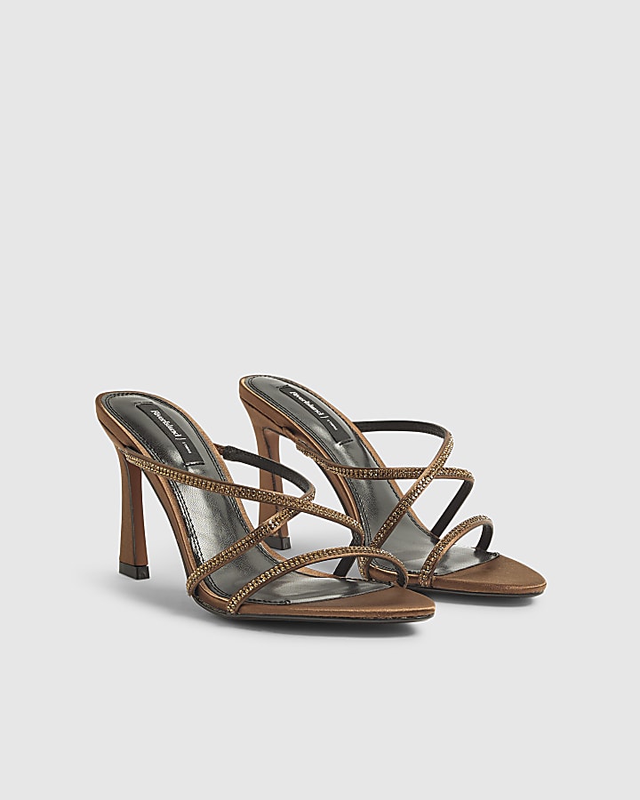 Brown Satin Strappy Heeled Mule Sandals