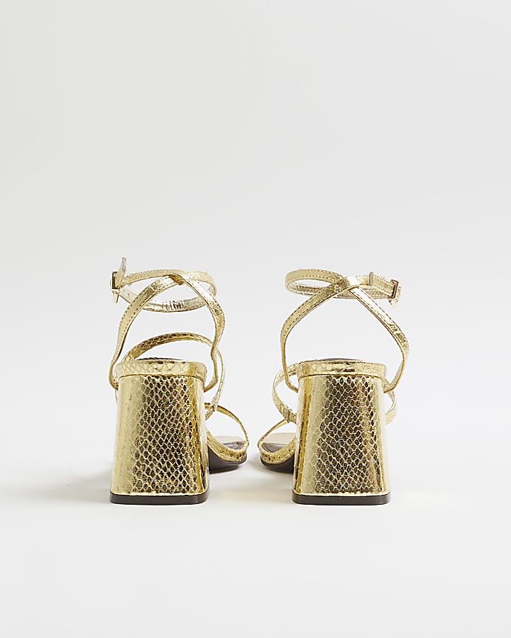 Gold Strappy Low Block Heel Sandals