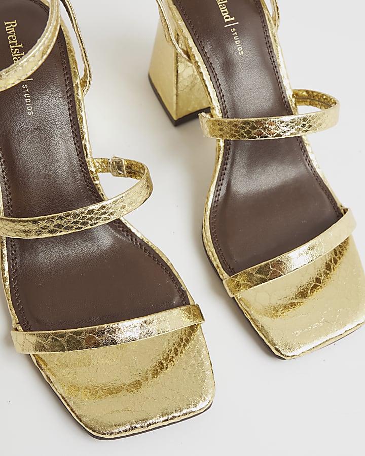 Gold Strappy Low Block Heel Sandals
