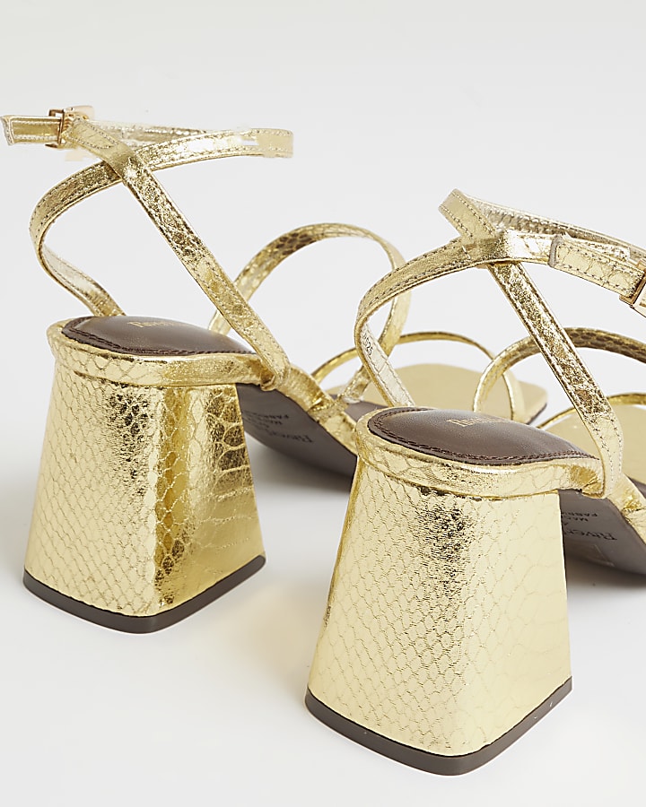 Gold Strappy Low Block Heel Sandals