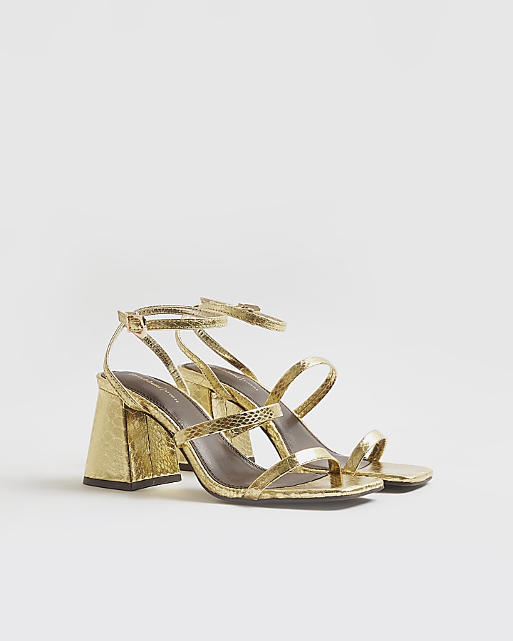 Gold Strappy Low Block Heel Sandals