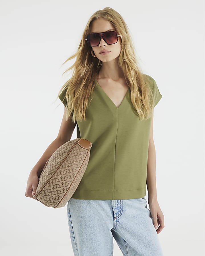 Khaki Premium Short Sleeve V-neck T-shirt