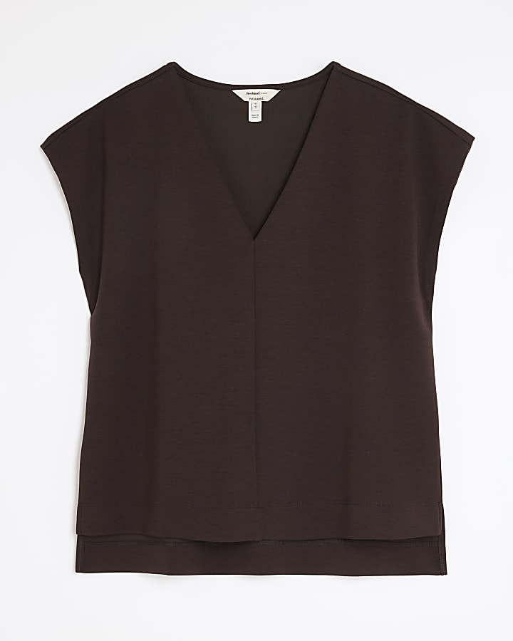 Brown Short Sleeve V-neck T-shirt