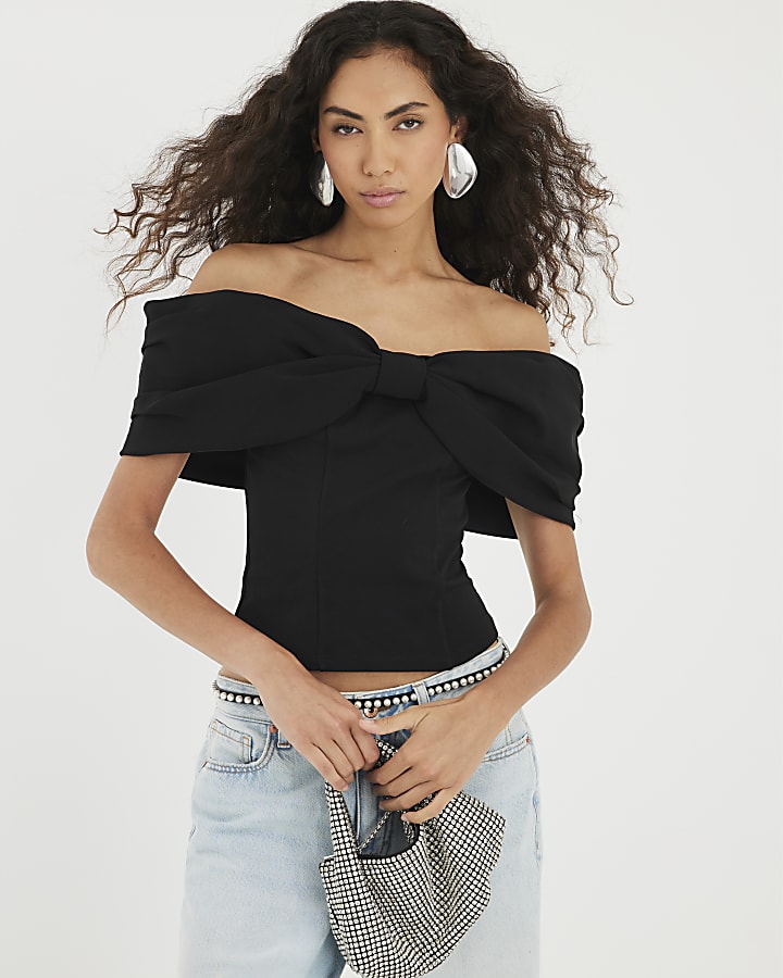 Black 3D Bow Bardot Top