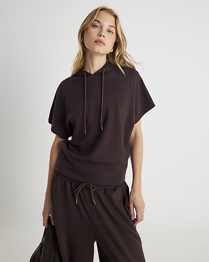 Brown Premium Short Sleeve Hooded Top