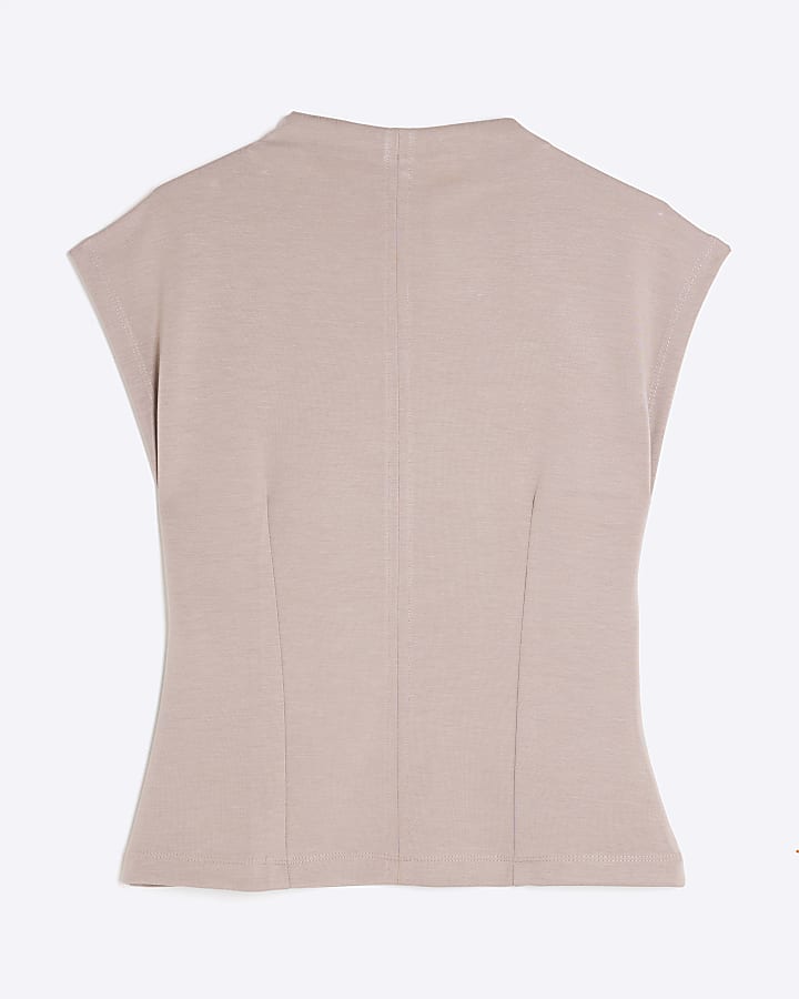 Beige High Neck Short Sleeve Top