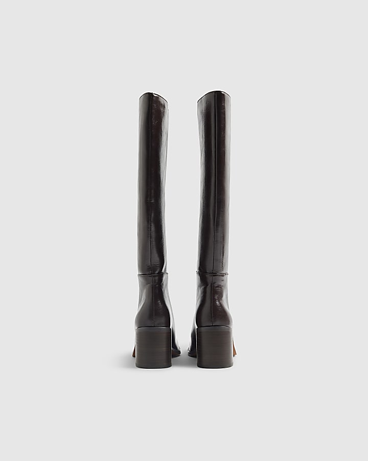 Brown Block Heel High Leg Boots