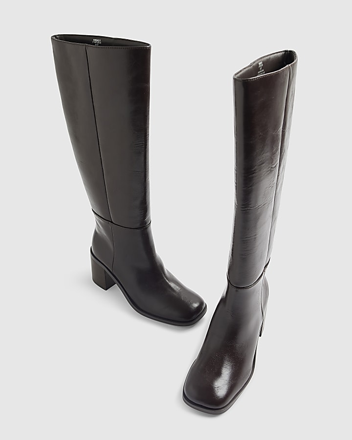 Brown Block Heel High Leg Boots