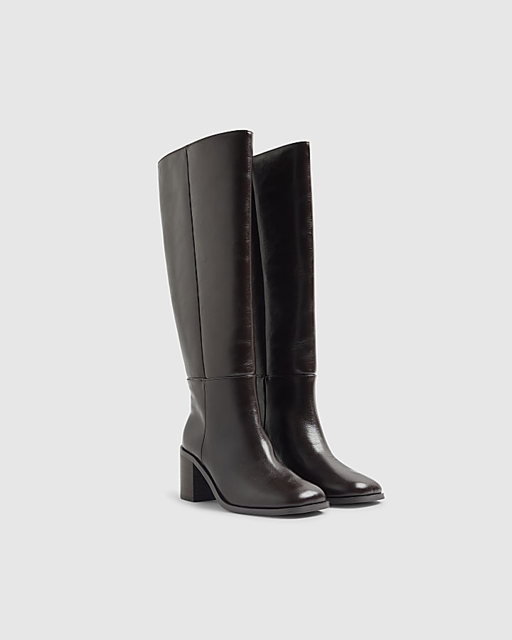 Brown Block Heel High Leg Boots