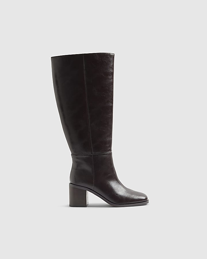 Brown Block Heel High Leg Boots