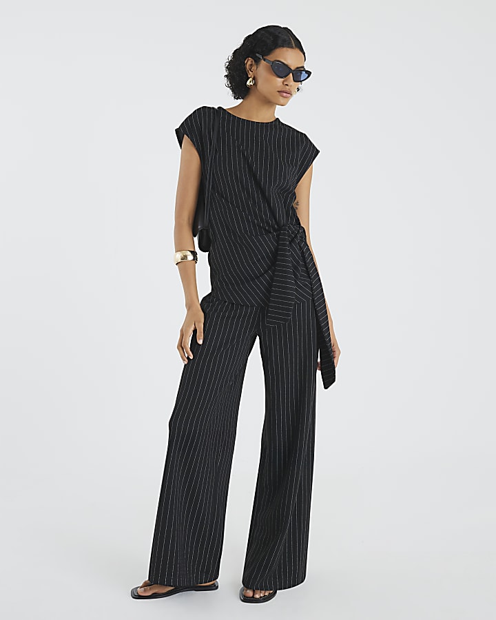 Black Pinstripe Tie Detail Top