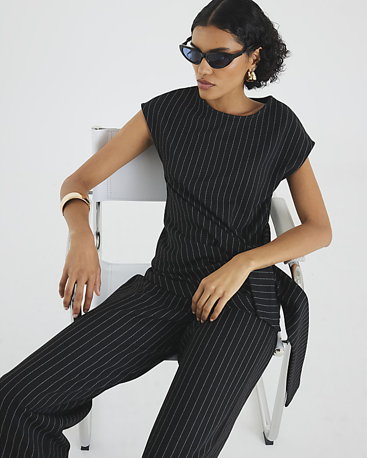 Black Pinstripe Tie Detail Top