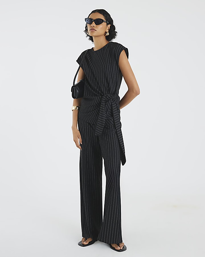 Black Drawstring Pinstripe Trousers