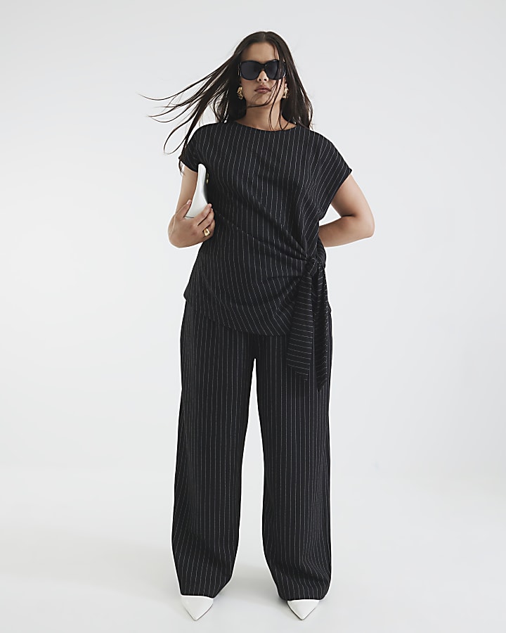 Black Drawstring Pinstripe Trousers