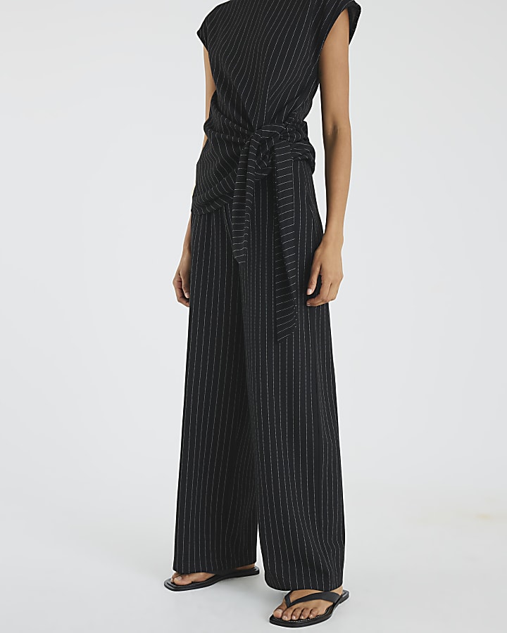 Black Drawstring Pinstripe Trousers