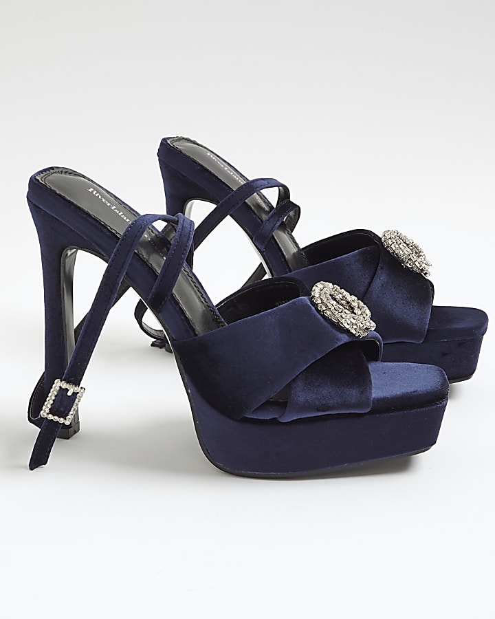 Navy Velvet Buckle Platform Sandal heels