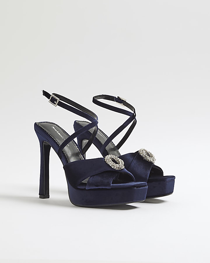 Navy Velvet Buckle Platform Sandal heels