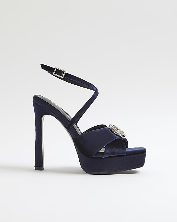 Navy Velvet Buckle Platform Sandal heels