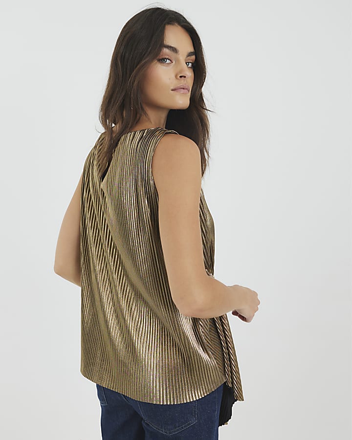 Gold Plisse Drape Detail Top