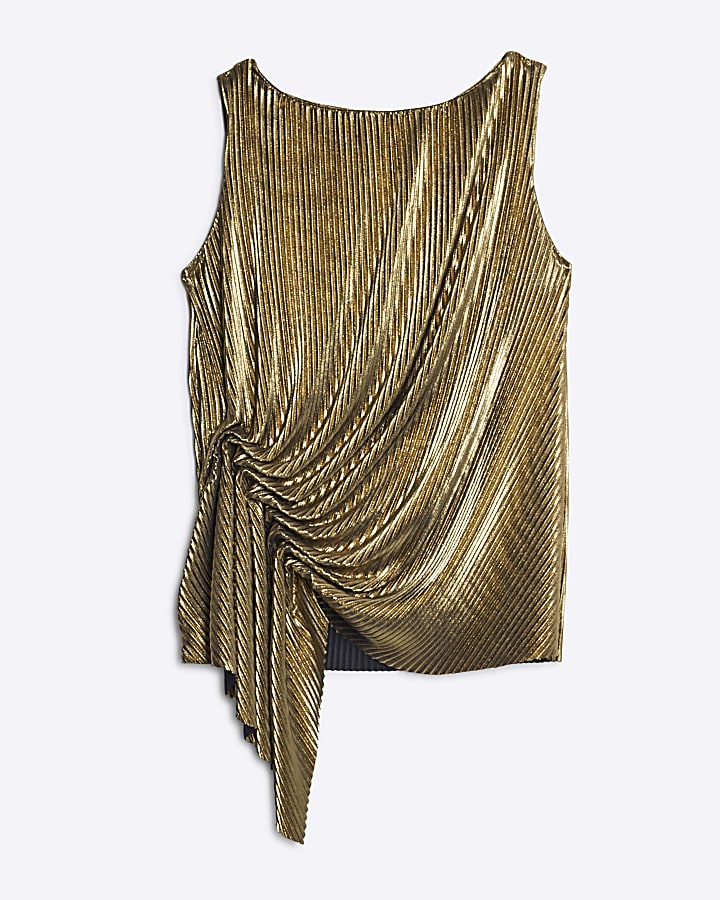 Gold Plisse Drape Detail Top