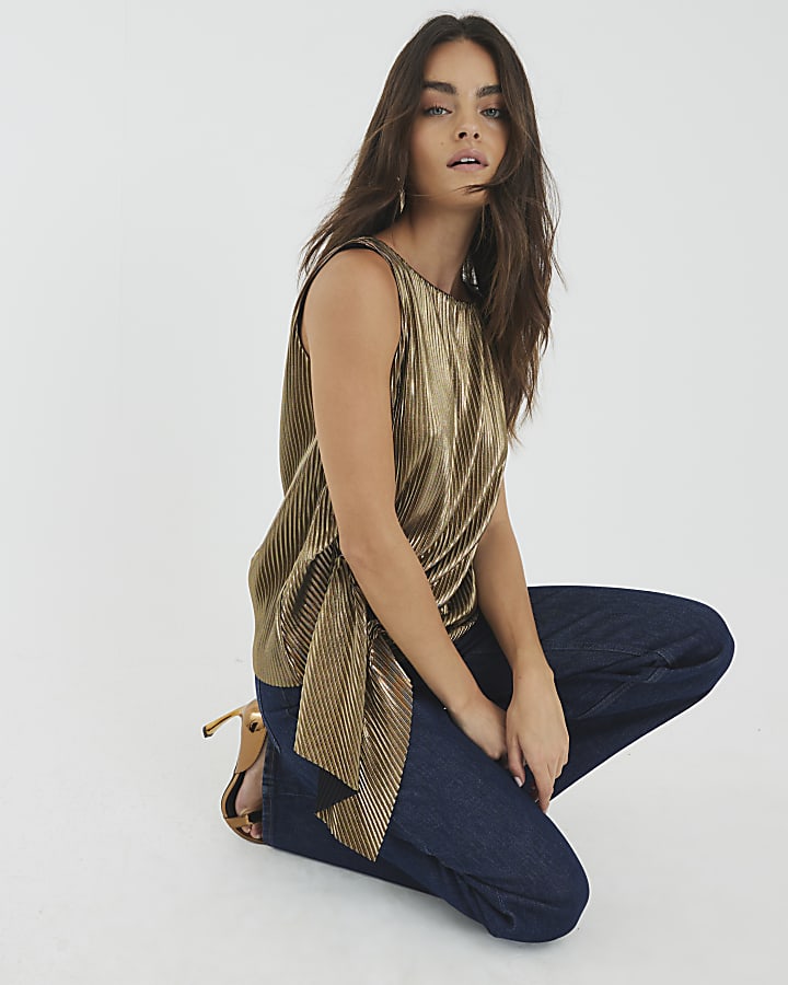 Gold Plisse Drape Detail Top