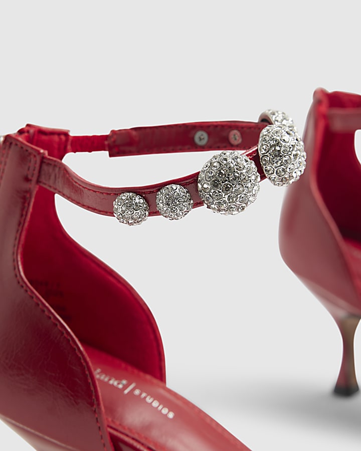 Red Embellished Ankle Strap Heeled Sandals