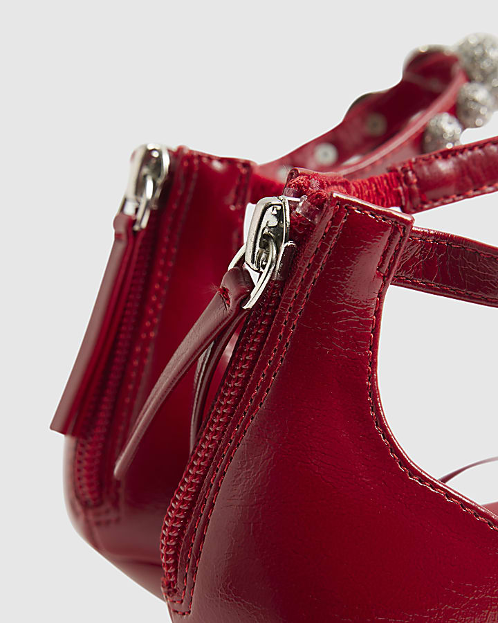 Red Embellished Ankle Strap Heeled Sandals