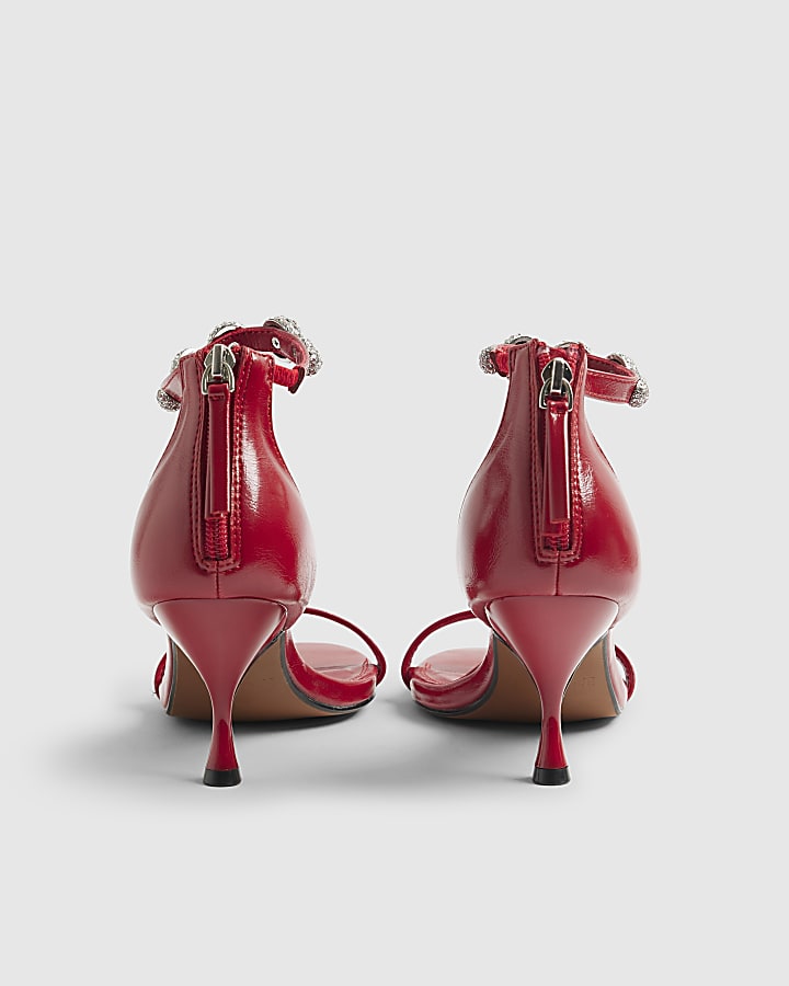 Red Embellished Ankle Strap Heeled Sandals