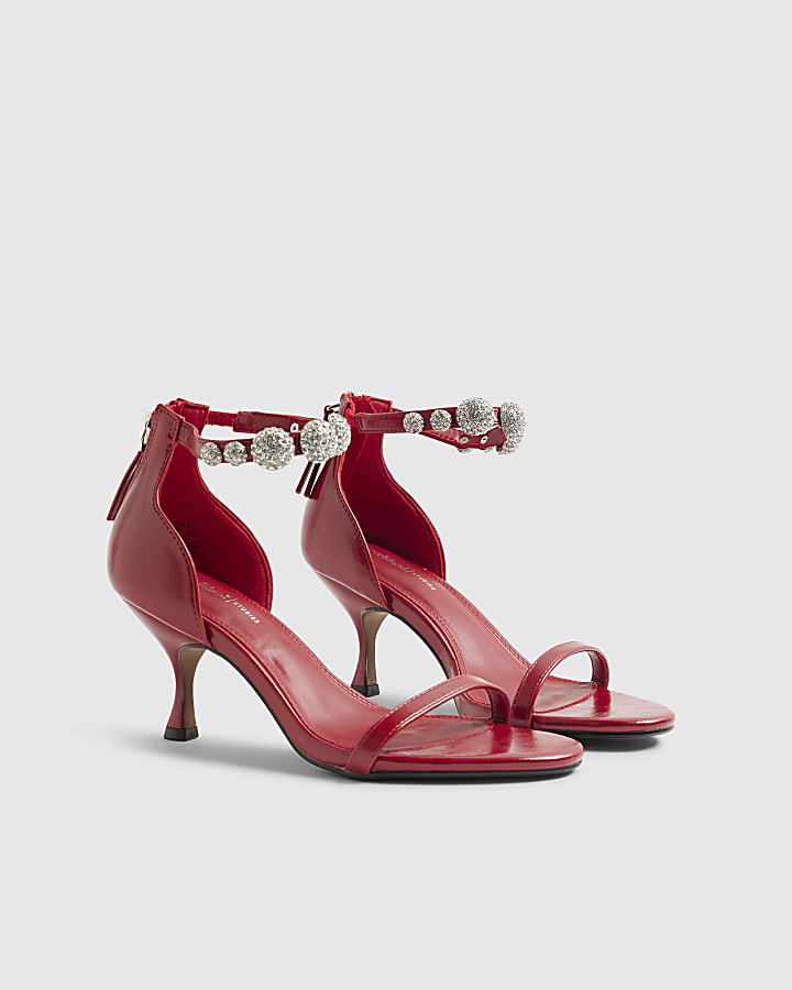 Red Embellished Ankle Strap Heeled Sandals