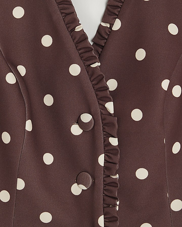 Brown Polka Dot Frill Trim Tailored Top
