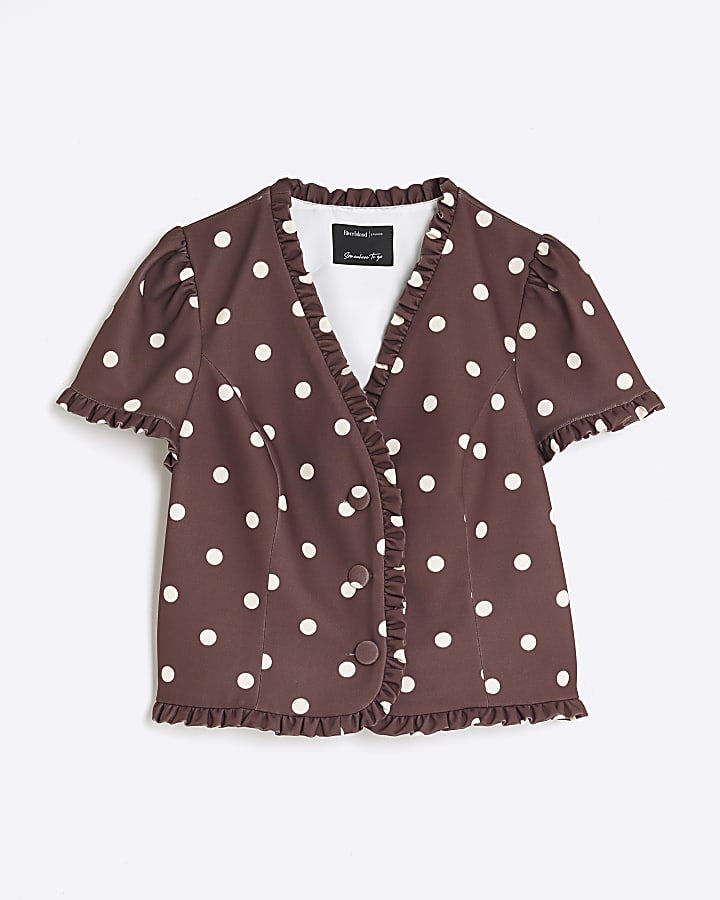 Brown Polka Dot Frill Trim Tailored Top