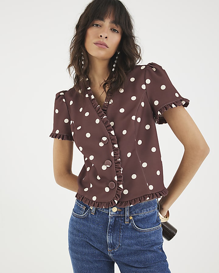 Brown Polka Dot Frill Trim Tailored Top