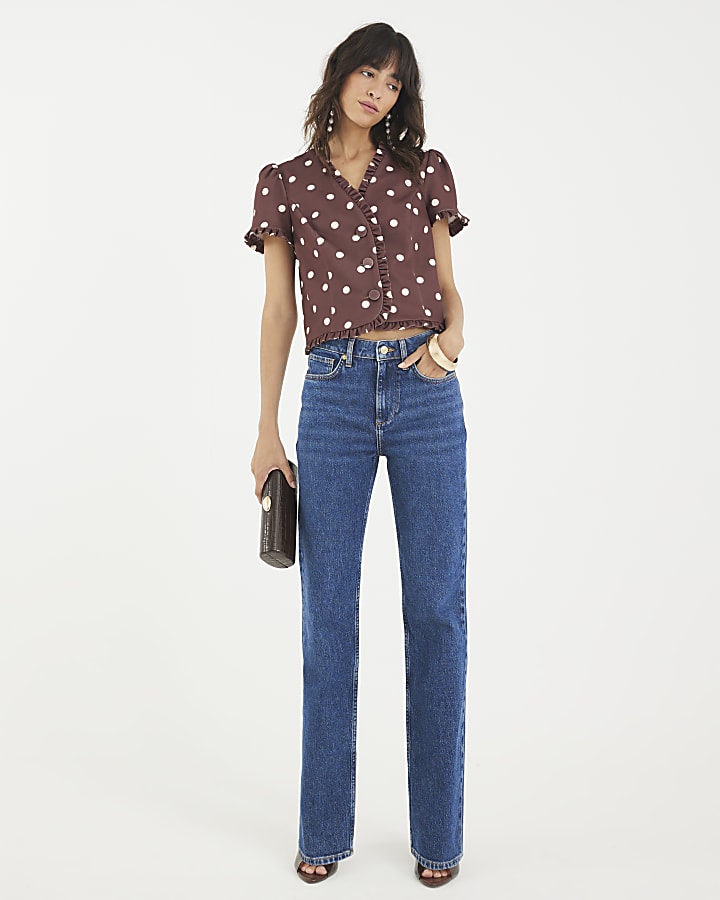 Brown Polka Dot Frill Trim Tailored Top
