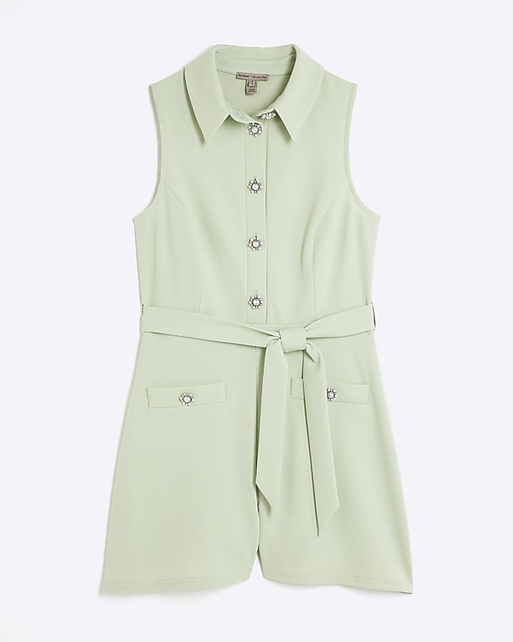 Green Sleeveless Collared Button Playsuit