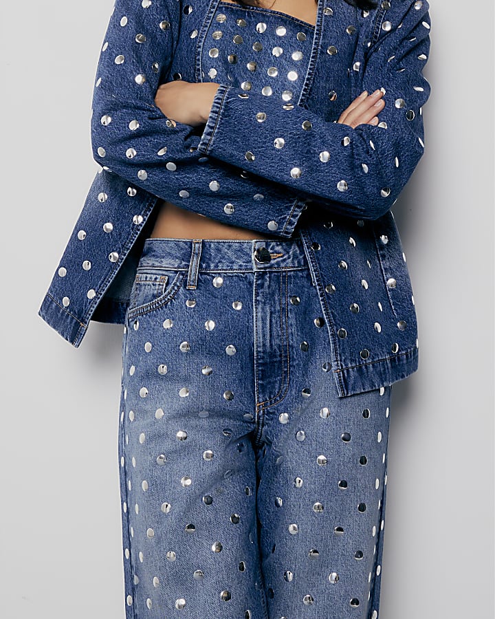 Blue Relaxed Straight Leg Studded Jeans