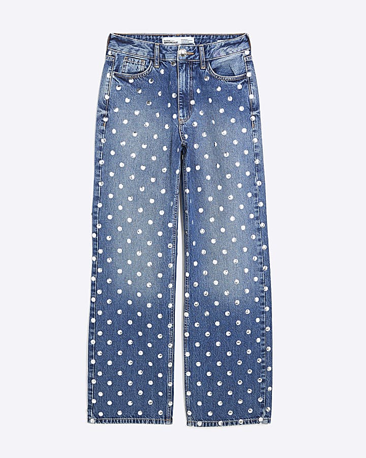 Blue Relaxed Straight Leg Studded Jeans