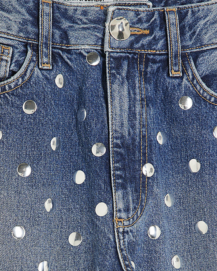 Blue Relaxed Straight Leg Studded Jeans