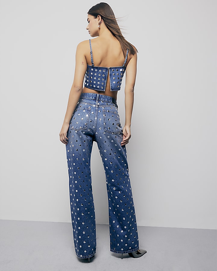 Blue Relaxed Straight Leg Studded Jeans