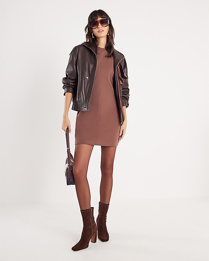 Brown Short Sleeve Mini T-shirt Dress